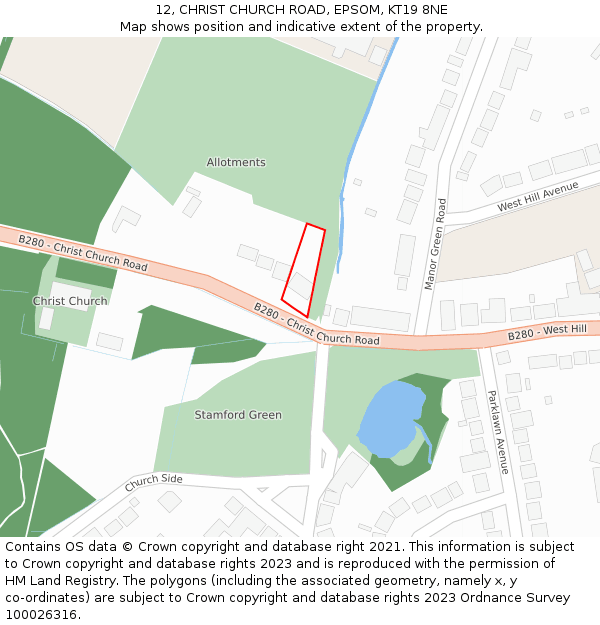 12, CHRIST CHURCH ROAD, EPSOM, KT19 8NE: Location map and indicative extent of plot