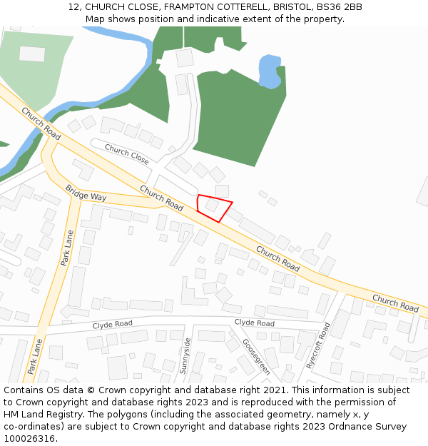 12, CHURCH CLOSE, FRAMPTON COTTERELL, BRISTOL, BS36 2BB: Location map and indicative extent of plot