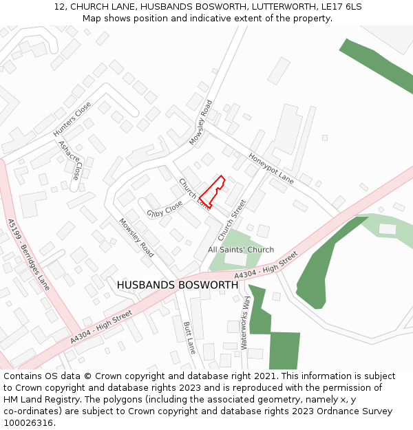 12, CHURCH LANE, HUSBANDS BOSWORTH, LUTTERWORTH, LE17 6LS: Location map and indicative extent of plot