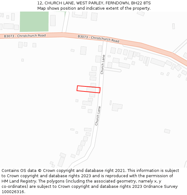 12, CHURCH LANE, WEST PARLEY, FERNDOWN, BH22 8TS: Location map and indicative extent of plot