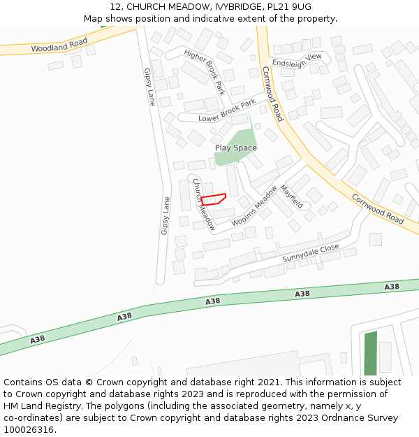 12, CHURCH MEADOW, IVYBRIDGE, PL21 9UG: Location map and indicative extent of plot