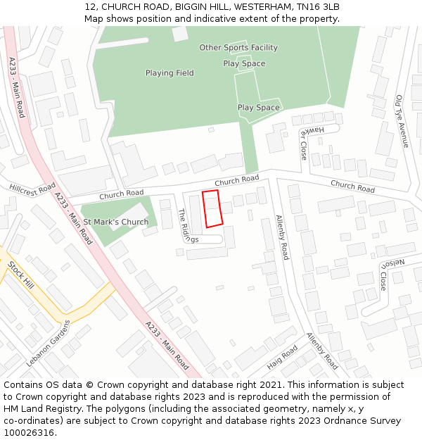 12, CHURCH ROAD, BIGGIN HILL, WESTERHAM, TN16 3LB: Location map and indicative extent of plot