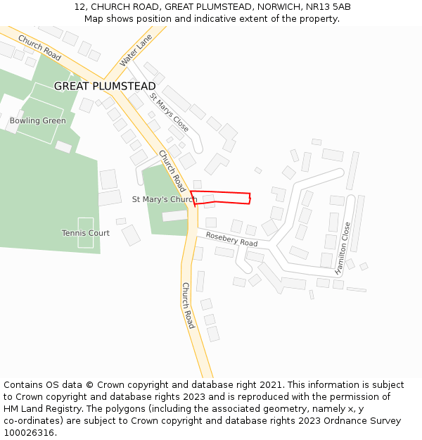 12, CHURCH ROAD, GREAT PLUMSTEAD, NORWICH, NR13 5AB: Location map and indicative extent of plot