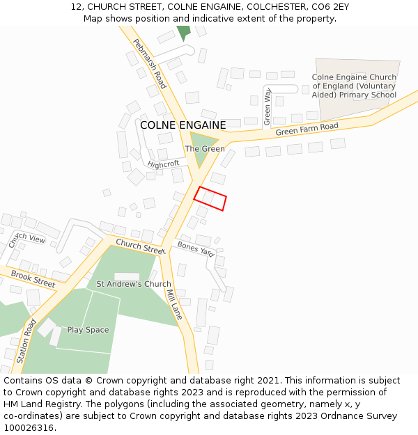 12, CHURCH STREET, COLNE ENGAINE, COLCHESTER, CO6 2EY: Location map and indicative extent of plot