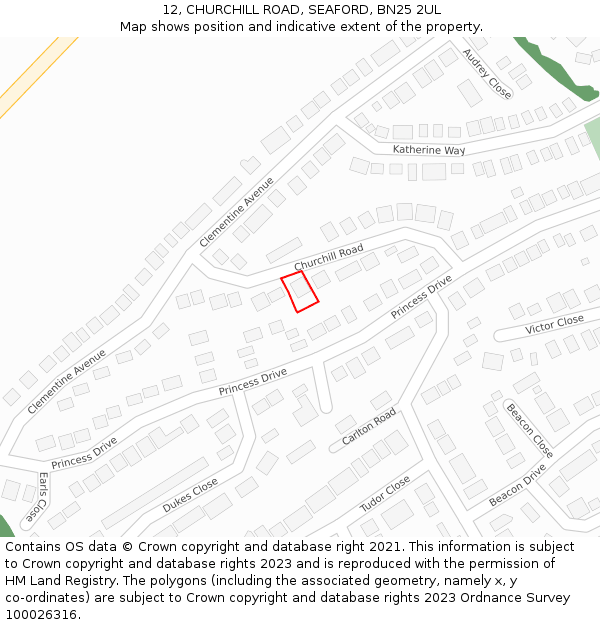 12, CHURCHILL ROAD, SEAFORD, BN25 2UL: Location map and indicative extent of plot