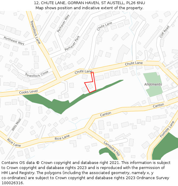 12, CHUTE LANE, GORRAN HAVEN, ST AUSTELL, PL26 6NU: Location map and indicative extent of plot