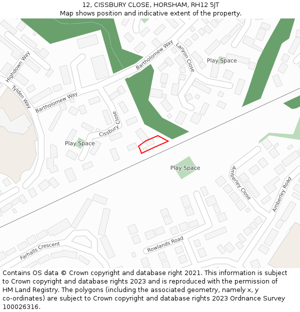 12, CISSBURY CLOSE, HORSHAM, RH12 5JT: Location map and indicative extent of plot