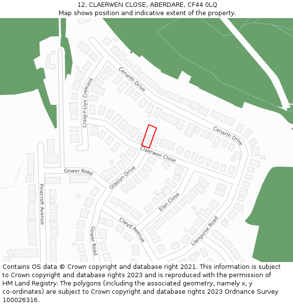 12, CLAERWEN CLOSE, ABERDARE, CF44 0LQ: Location map and indicative extent of plot