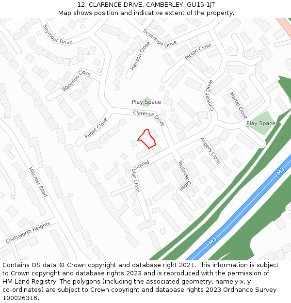 12, CLARENCE DRIVE, CAMBERLEY, GU15 1JT: Location map and indicative extent of plot