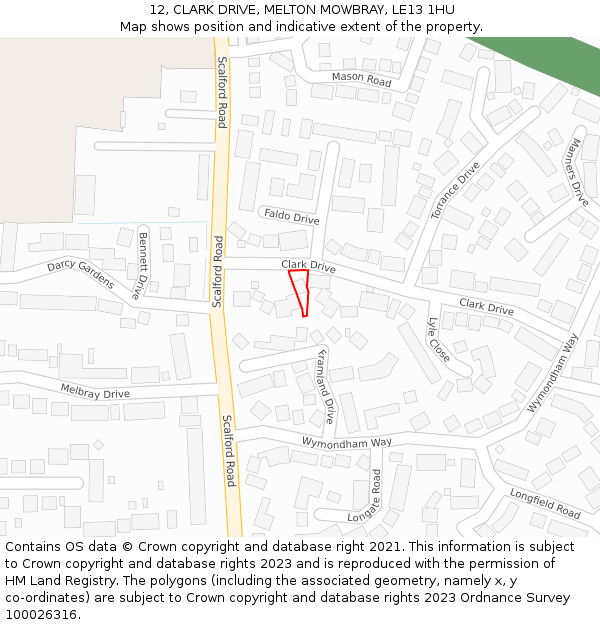12, CLARK DRIVE, MELTON MOWBRAY, LE13 1HU: Location map and indicative extent of plot