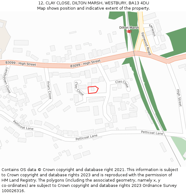 12, CLAY CLOSE, DILTON MARSH, WESTBURY, BA13 4DU: Location map and indicative extent of plot