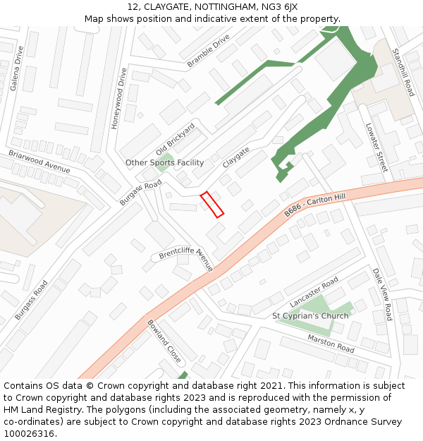 12, CLAYGATE, NOTTINGHAM, NG3 6JX: Location map and indicative extent of plot