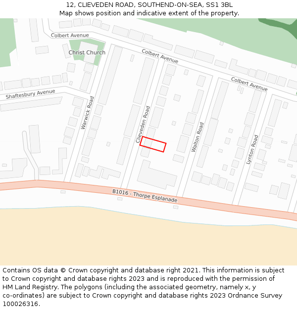 12, CLIEVEDEN ROAD, SOUTHEND-ON-SEA, SS1 3BL: Location map and indicative extent of plot