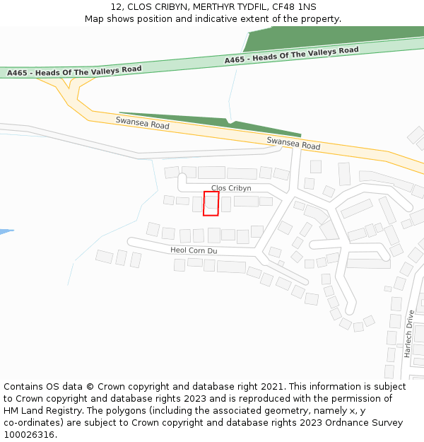 12, CLOS CRIBYN, MERTHYR TYDFIL, CF48 1NS: Location map and indicative extent of plot