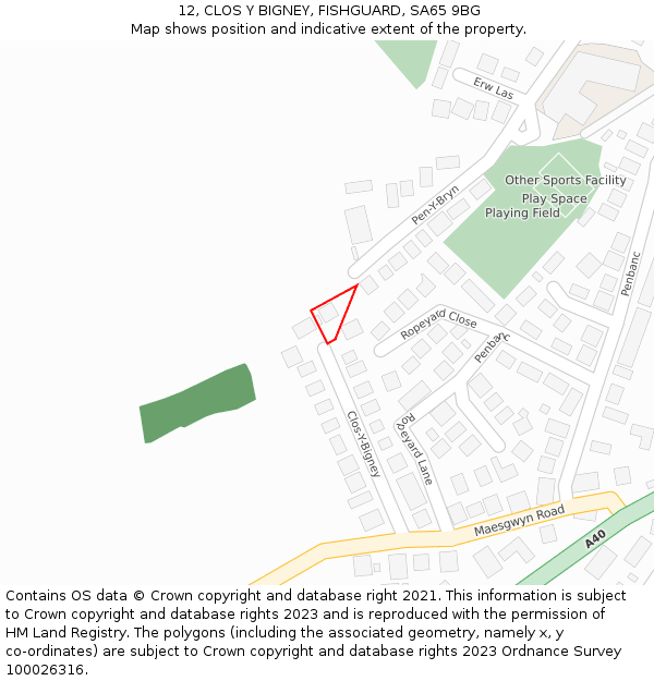 12, CLOS Y BIGNEY, FISHGUARD, SA65 9BG: Location map and indicative extent of plot