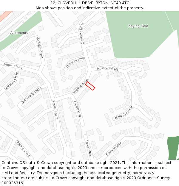 12, CLOVERHILL DRIVE, RYTON, NE40 4TG: Location map and indicative extent of plot