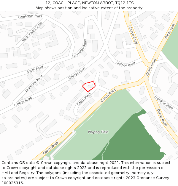 12, COACH PLACE, NEWTON ABBOT, TQ12 1ES: Location map and indicative extent of plot