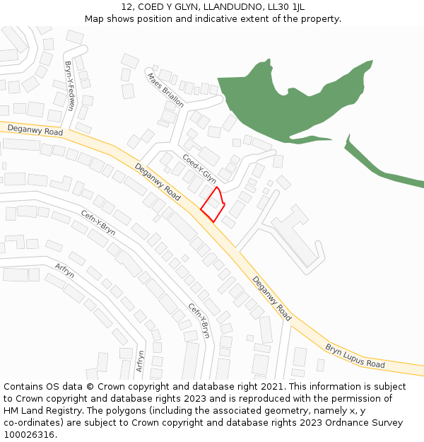 12, COED Y GLYN, LLANDUDNO, LL30 1JL: Location map and indicative extent of plot