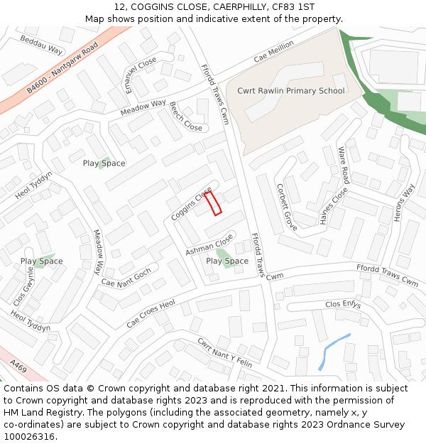 12, COGGINS CLOSE, CAERPHILLY, CF83 1ST: Location map and indicative extent of plot