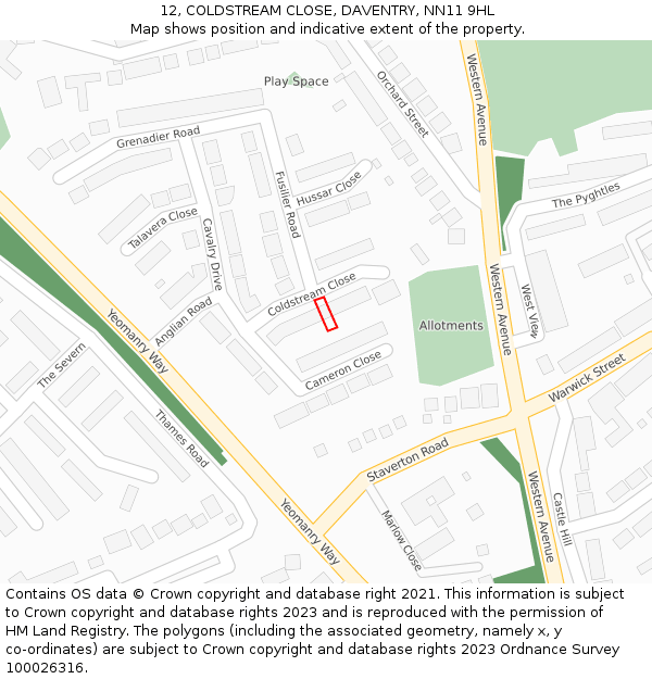 12, COLDSTREAM CLOSE, DAVENTRY, NN11 9HL: Location map and indicative extent of plot