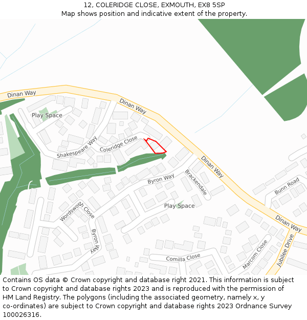 12, COLERIDGE CLOSE, EXMOUTH, EX8 5SP: Location map and indicative extent of plot