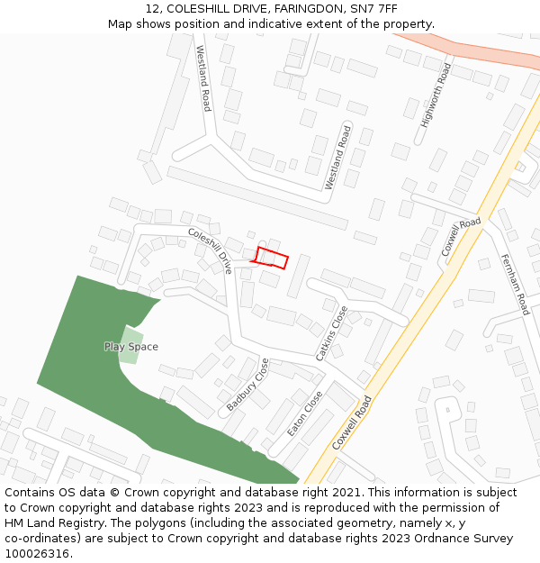 12, COLESHILL DRIVE, FARINGDON, SN7 7FF: Location map and indicative extent of plot