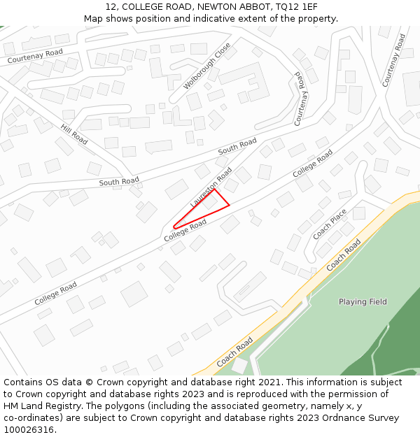 12, COLLEGE ROAD, NEWTON ABBOT, TQ12 1EF: Location map and indicative extent of plot