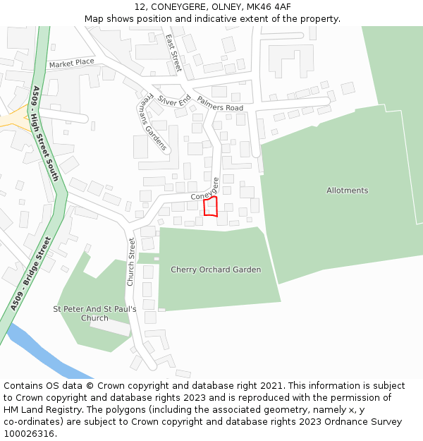 12, CONEYGERE, OLNEY, MK46 4AF: Location map and indicative extent of plot