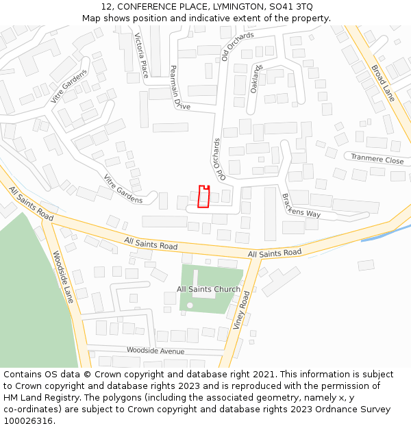 12, CONFERENCE PLACE, LYMINGTON, SO41 3TQ: Location map and indicative extent of plot