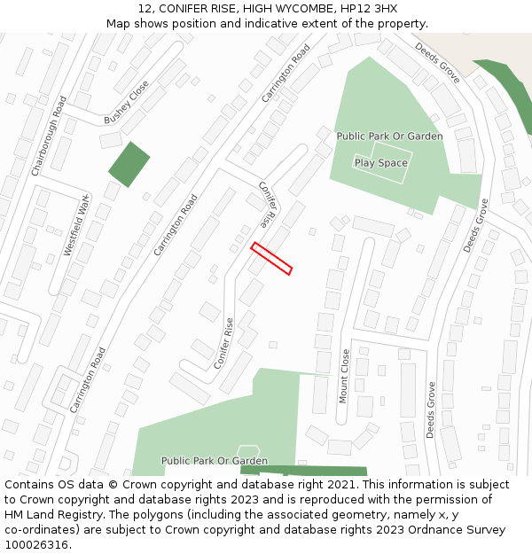 12, CONIFER RISE, HIGH WYCOMBE, HP12 3HX: Location map and indicative extent of plot