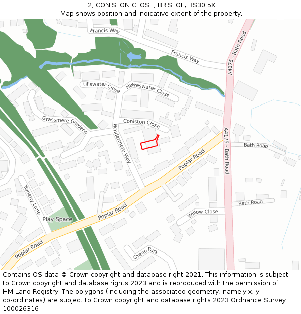 12, CONISTON CLOSE, BRISTOL, BS30 5XT: Location map and indicative extent of plot