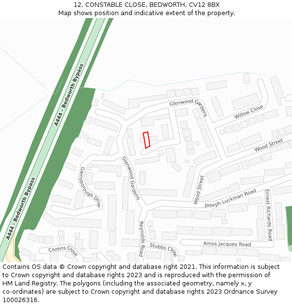 12, CONSTABLE CLOSE, BEDWORTH, CV12 8BX: Location map and indicative extent of plot