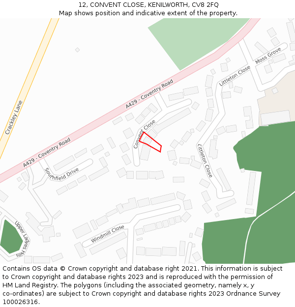 12, CONVENT CLOSE, KENILWORTH, CV8 2FQ: Location map and indicative extent of plot
