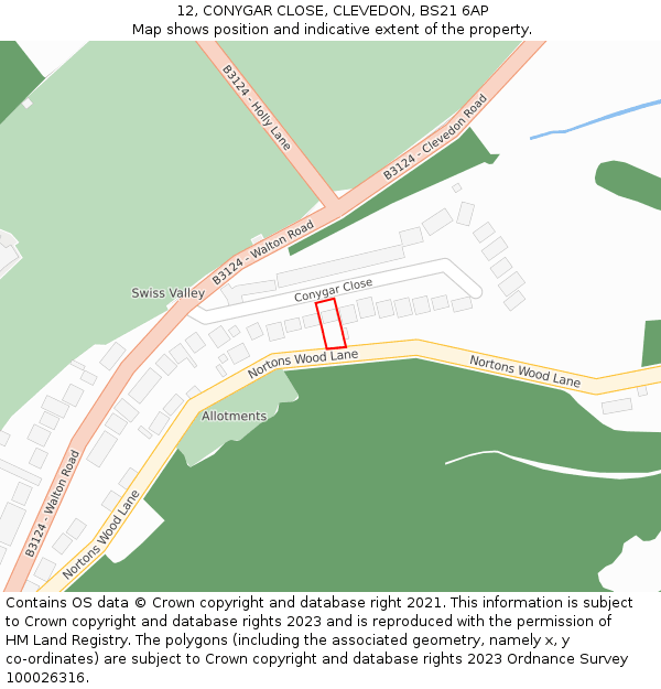 12, CONYGAR CLOSE, CLEVEDON, BS21 6AP: Location map and indicative extent of plot