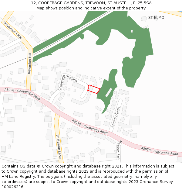 12, COOPERAGE GARDENS, TREWOON, ST AUSTELL, PL25 5SA: Location map and indicative extent of plot