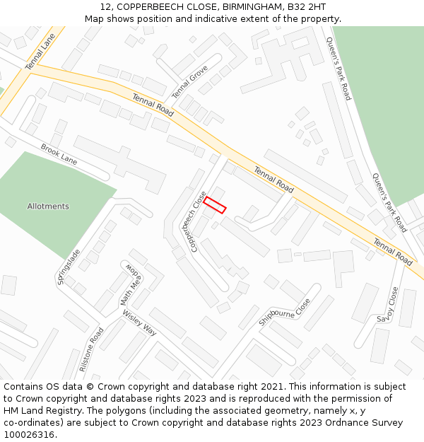 12, COPPERBEECH CLOSE, BIRMINGHAM, B32 2HT: Location map and indicative extent of plot