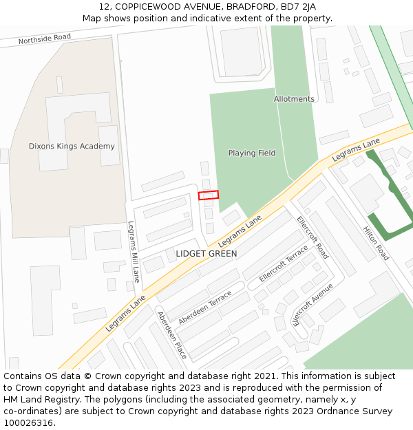 12, COPPICEWOOD AVENUE, BRADFORD, BD7 2JA: Location map and indicative extent of plot