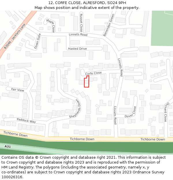 12, CORFE CLOSE, ALRESFORD, SO24 9PH: Location map and indicative extent of plot