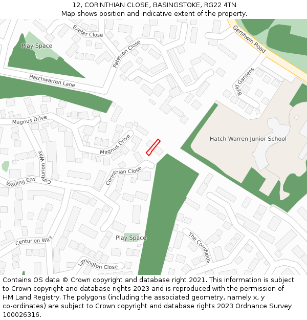 12, CORINTHIAN CLOSE, BASINGSTOKE, RG22 4TN: Location map and indicative extent of plot