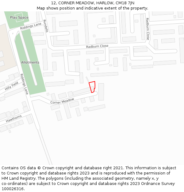 12, CORNER MEADOW, HARLOW, CM18 7JN: Location map and indicative extent of plot
