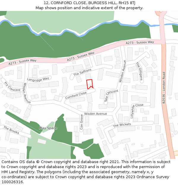 12, CORNFORD CLOSE, BURGESS HILL, RH15 8TJ: Location map and indicative extent of plot