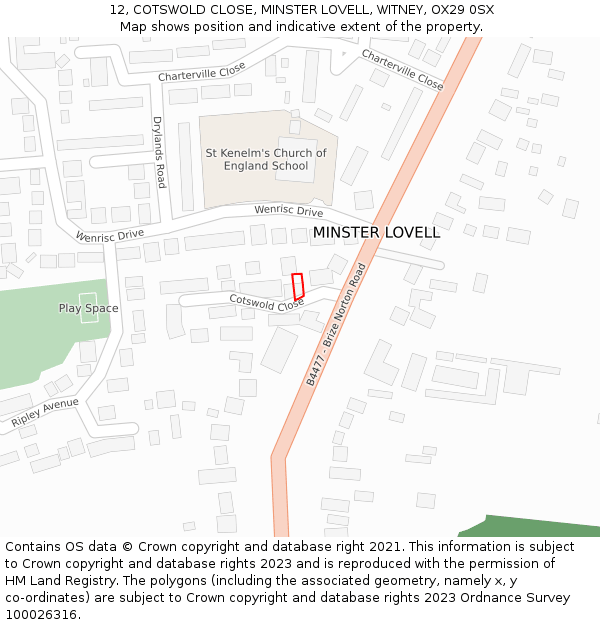 12, COTSWOLD CLOSE, MINSTER LOVELL, WITNEY, OX29 0SX: Location map and indicative extent of plot