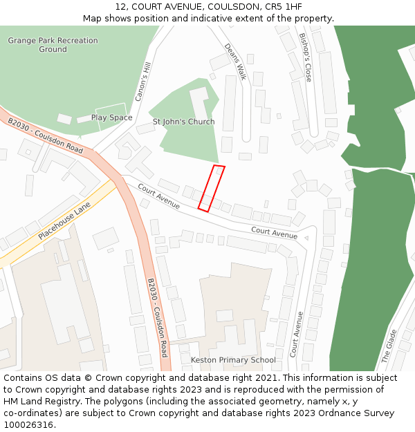 12, COURT AVENUE, COULSDON, CR5 1HF: Location map and indicative extent of plot