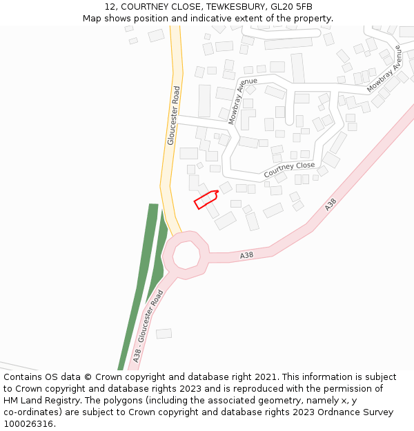 12, COURTNEY CLOSE, TEWKESBURY, GL20 5FB: Location map and indicative extent of plot