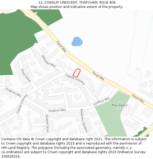 12, COWSLIP CRESCENT, THATCHAM, RG18 4DE: Location map and indicative extent of plot