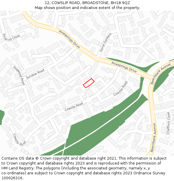 12, COWSLIP ROAD, BROADSTONE, BH18 9QZ: Location map and indicative extent of plot