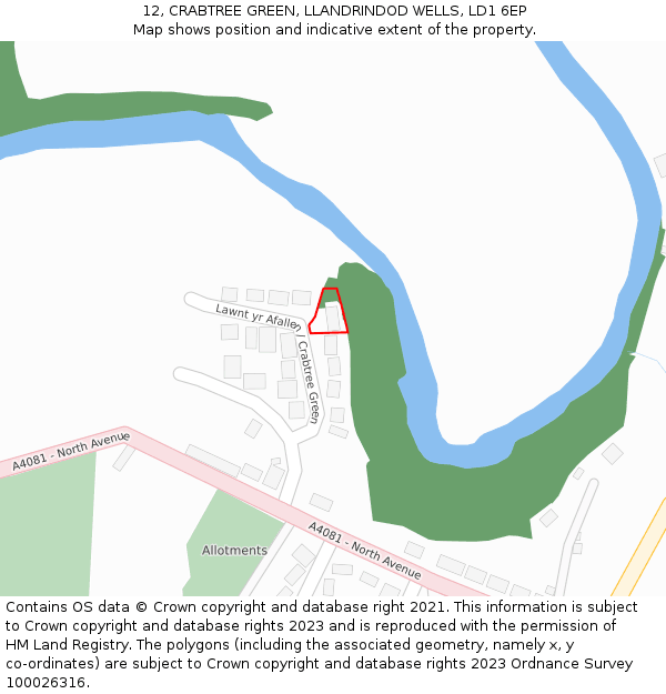12, CRABTREE GREEN, LLANDRINDOD WELLS, LD1 6EP: Location map and indicative extent of plot