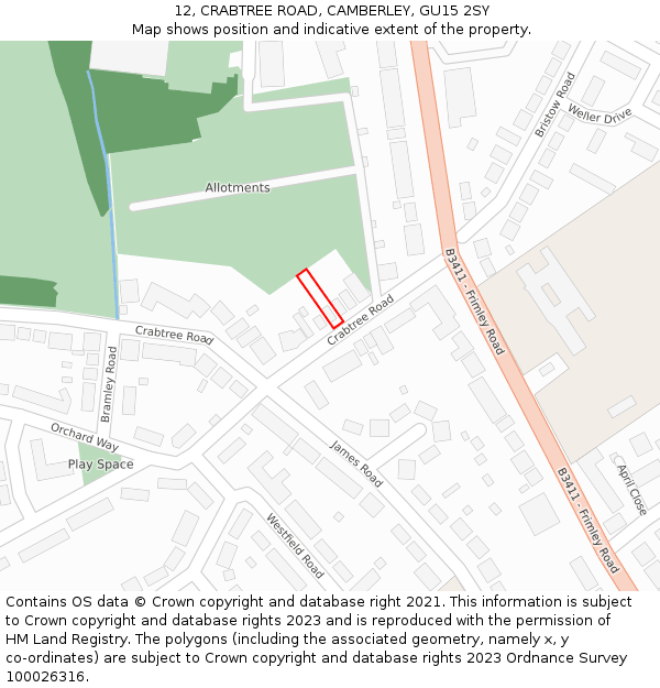 12, CRABTREE ROAD, CAMBERLEY, GU15 2SY: Location map and indicative extent of plot