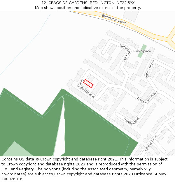 12, CRAGSIDE GARDENS, BEDLINGTON, NE22 5YX: Location map and indicative extent of plot