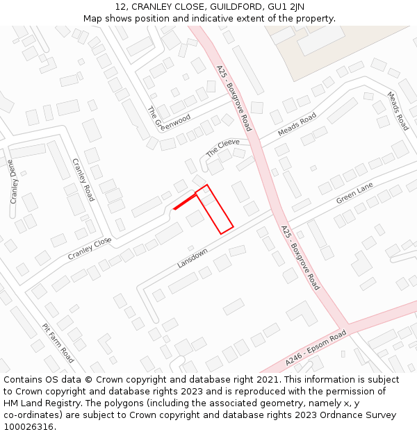 12, CRANLEY CLOSE, GUILDFORD, GU1 2JN: Location map and indicative extent of plot